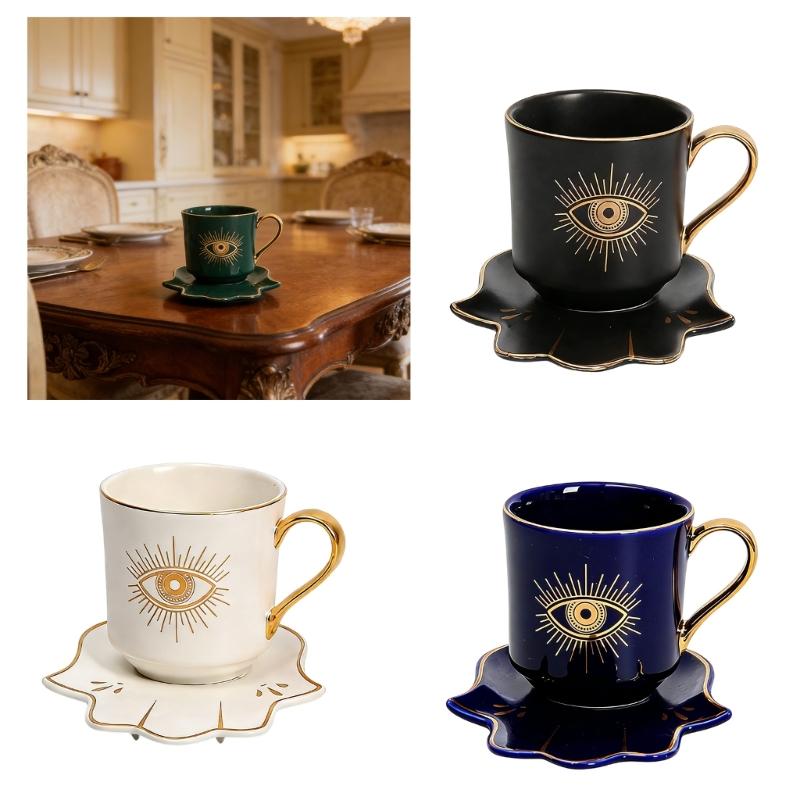 Ceramic Coffee Cup and Hand Shape Saucer Set Turkish Evils Eye Theme Mug Drinkware Gift for Safe Tea Milk Drinking