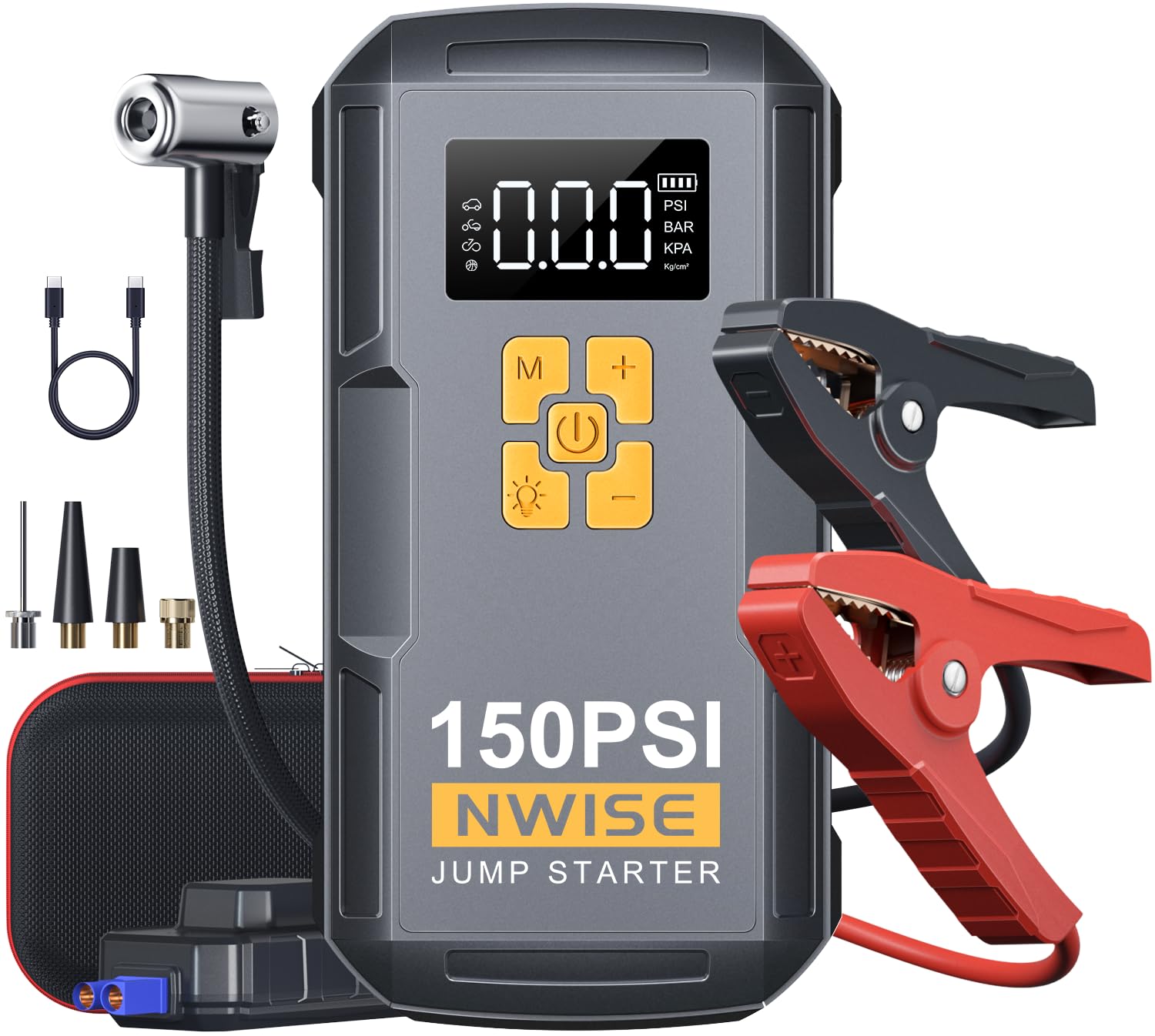 

NWISE Пусковое устройство с воздухом 2500А Пиковый электрический воздух LED Защита безопасности Японская инструкция Сертифицировано PSE Встроенный компрессор, Ток, Насос,