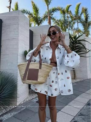 2026 European/American Linen Print Cardigan & Shorts Set - Casual Holiday Wear