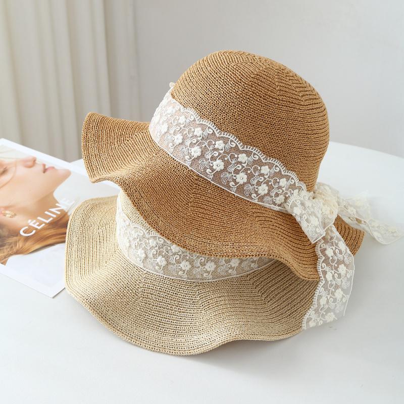 Lace Bowknot Straw Hat Women, Summer Wide Brim Beach Vacation Hat