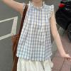 Women's Sleeveless Shirt Korean Version Loose Round Neck Plaid Pleated Famale Shirts Summer Daily Comfortable Sweet Beauty Style Ladies Top