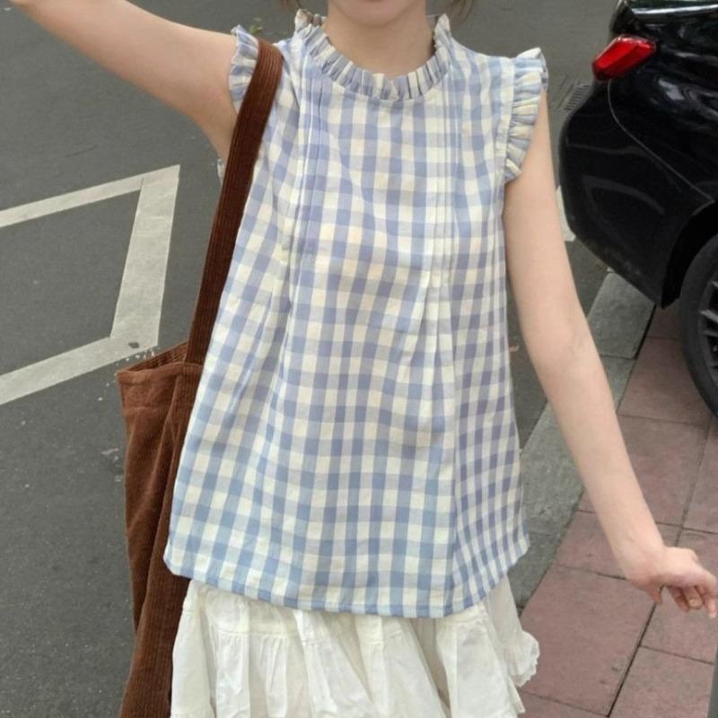 Women's Sleeveless Shirt Korean Version Loose Round Neck Plaid Pleated Famale Shirts Summer Daily Comfortable Sweet Beauty Style Ladies Top