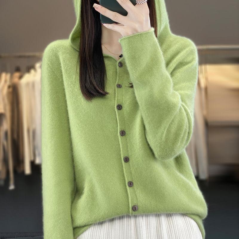 

Solid color hooded long-sleeved jacket fashionable and casual simple style foreign style single-breasted knitted cardigan female spring temperament 2044-163 (One Size) зелений