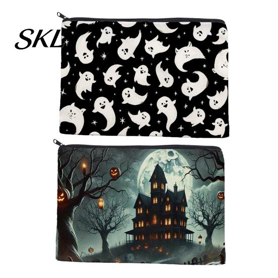 Holiday Theme Storage Bag Bag, Halloween Pattern Print, Durable Canvas Zippered Cute Ghost Pencil Case Travel Toiletry Case, for Makeup And Stationery