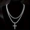 Hip Hop Cross Pendant Layered Necklace, 4mm Rhinestone Tennis Chain Set for Men Women
