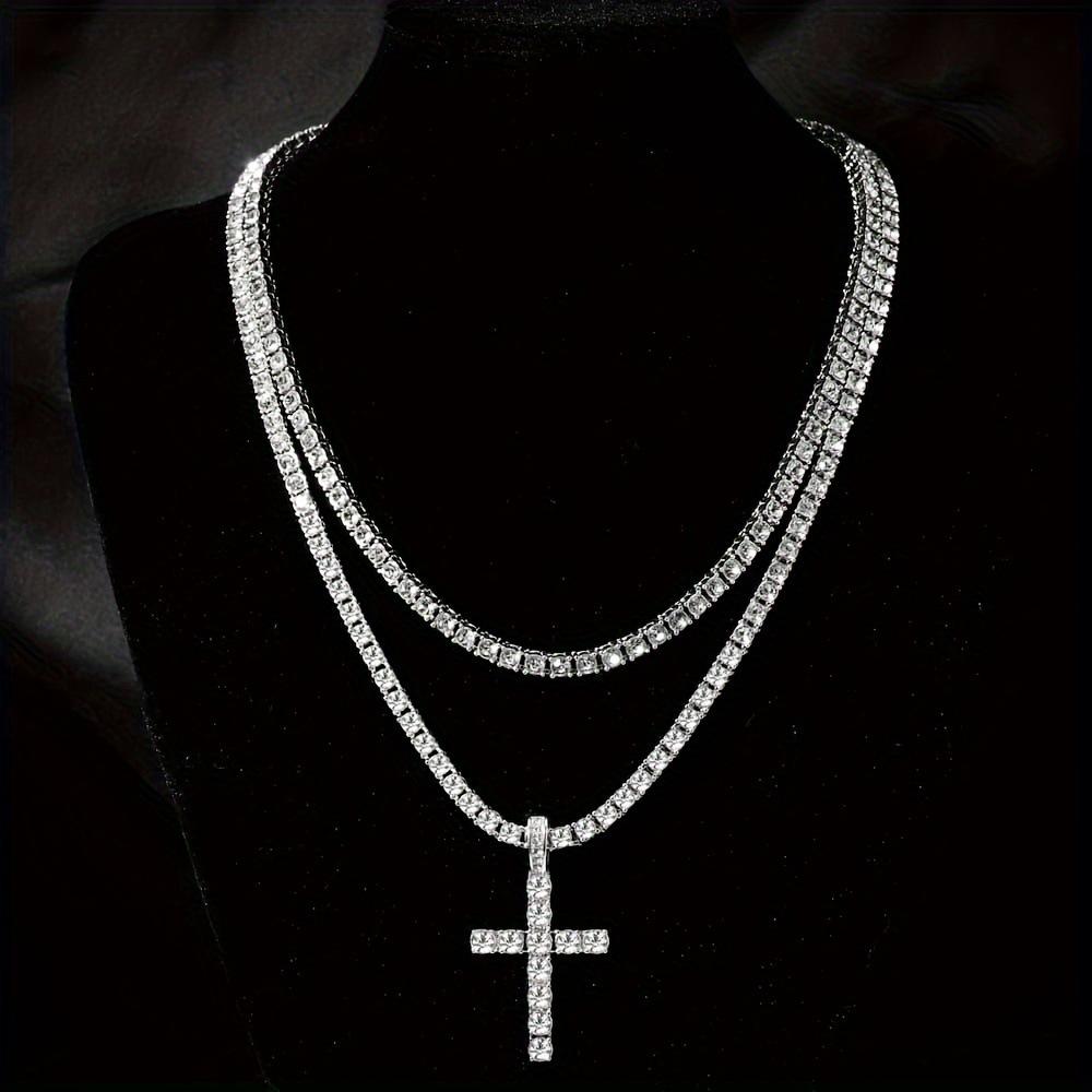 Hip Hop Cross Pendant Layered Necklace, 4mm Rhinestone Tennis Chain Set for Men Women