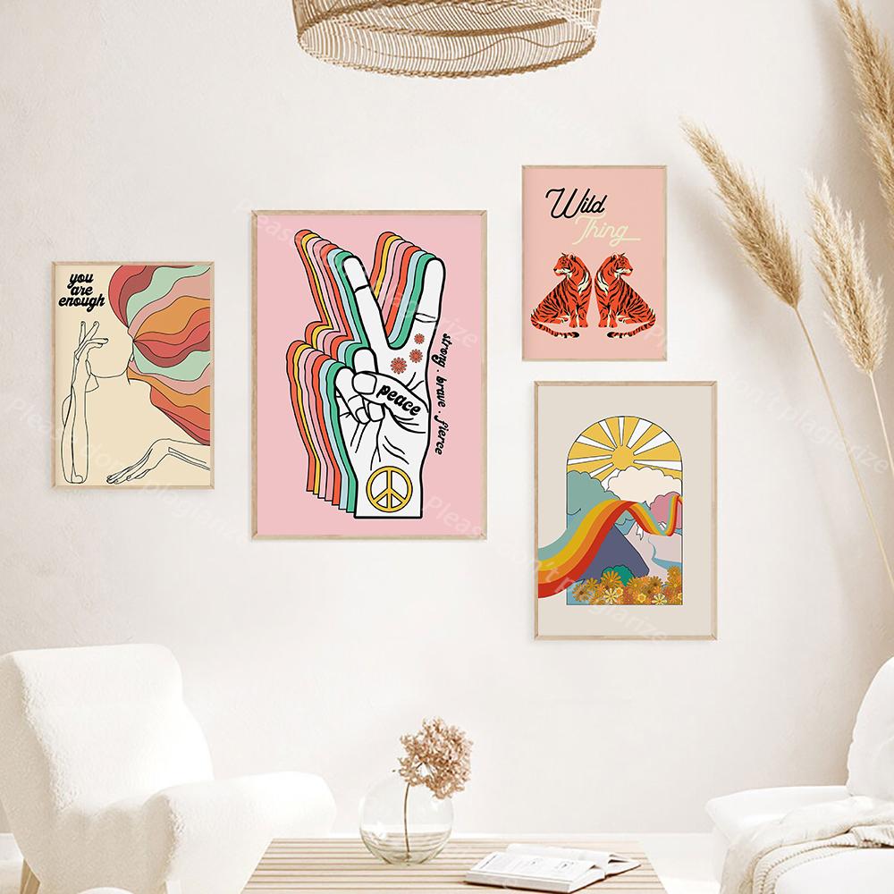 Tecknad Feministisk Fredssymbol Affisch Väggkonst Tryck Regnbåge Sol Linje Citat Kanvasmålning Bild Vild Tiger Barnrum Heminredning
