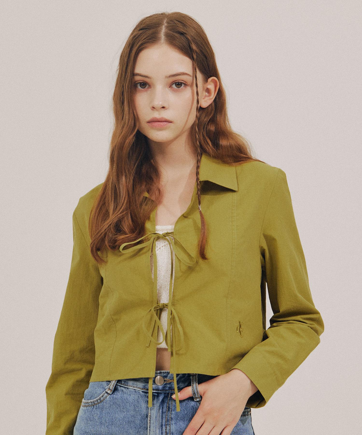 Deliscent Ribbon Crop Shirt [Olive Green] Olive Green/Free