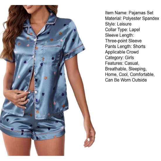 Yousheng Women's Satin Pajama Set Short Sleeve Button Down Shirt And Shorts Sleepwear Summer Heart Print 2 Piece