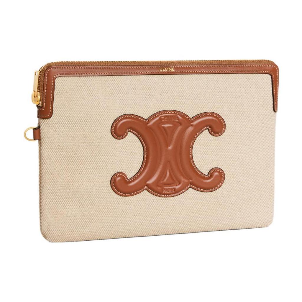 Celine Cuir Triomphe Logo Zipper Closure Detachable Wrist Strap Fabric Trimmed Calfskin Handbag Wristlet Clutch Small Women Handbags 10J502EW1-02NT