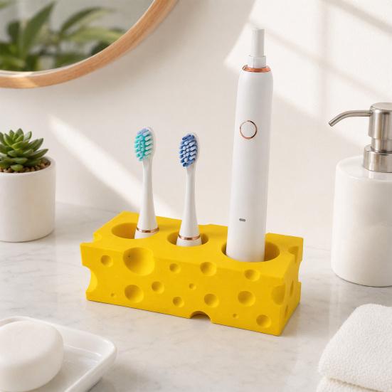 Toothbrush Holder, 3-Hole Partitioned Storage, Creative Cheese Shape Organizer, with Hollow Drainage Structure Stand for Electric Toothbrushes