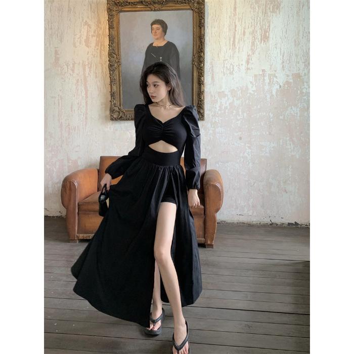 

Autumn dress v-neck sexy long-sleeved dress women s waist a-word split medium and long dress hollowed out black temperament skirt S
