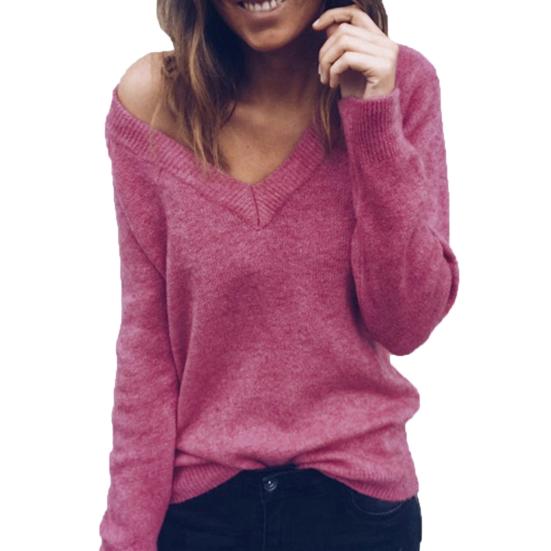 

Зимний шик Леди Однотонный V-образный вырез Длинный рукав Повседневный пуловер Вязаная блузка L розы красного