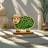 Wooden Sheep Figurine with Green Swirl Design On Stand –Cute Farm Animal Home Decor Accent for Nursery Living Room Tabletop Gift