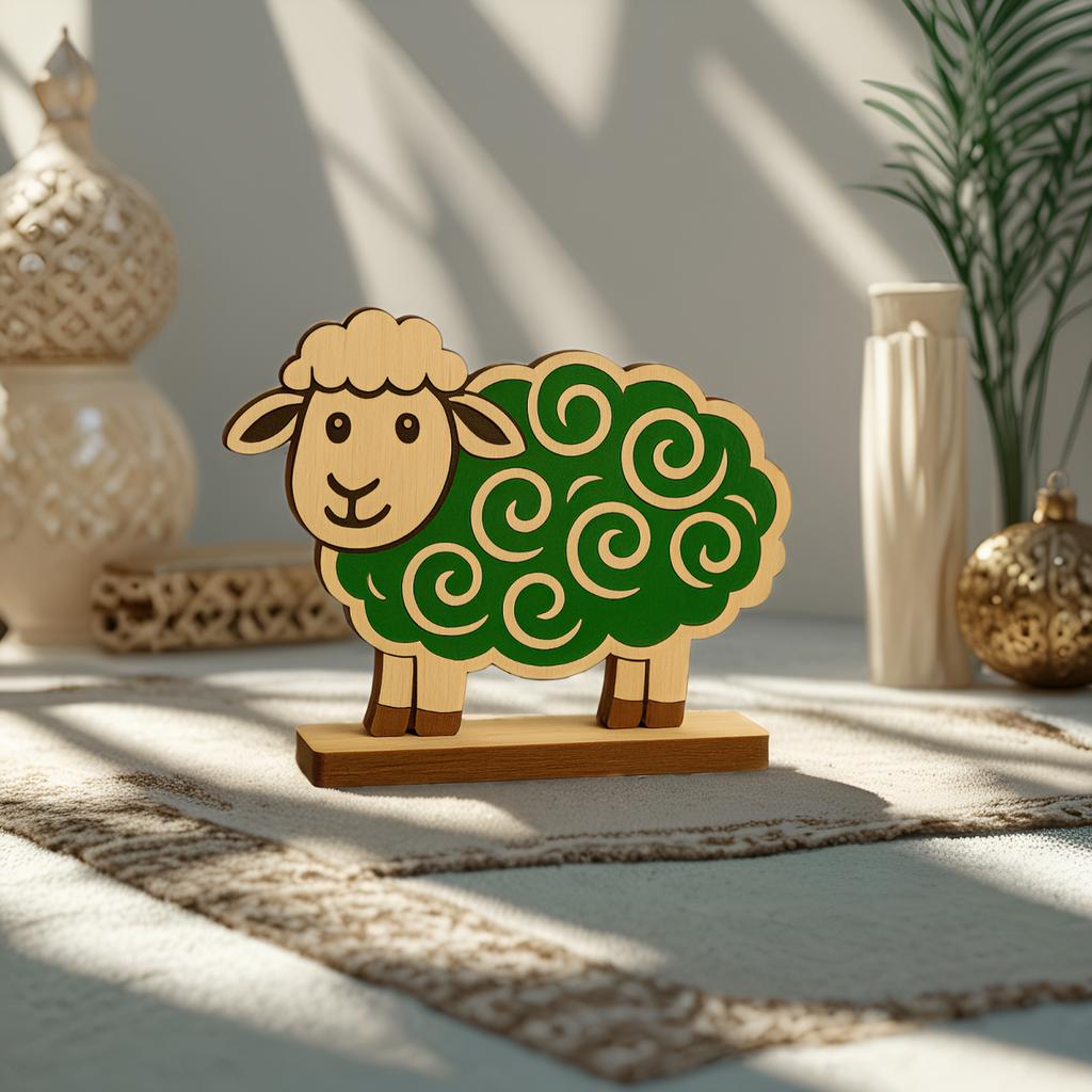 Wooden Sheep Figurine with Green Swirl Design On Stand –Cute Farm Animal Home Decor Accent for Nursery Living Room Tabletop Gift