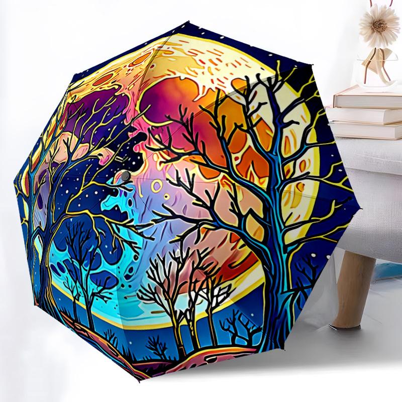 1pc Moonlit Forest Automatic Folding Umbrella Compact Lightweight Travel Umbrella with 8-Rib Sturdy Frame, Windproof & Self066