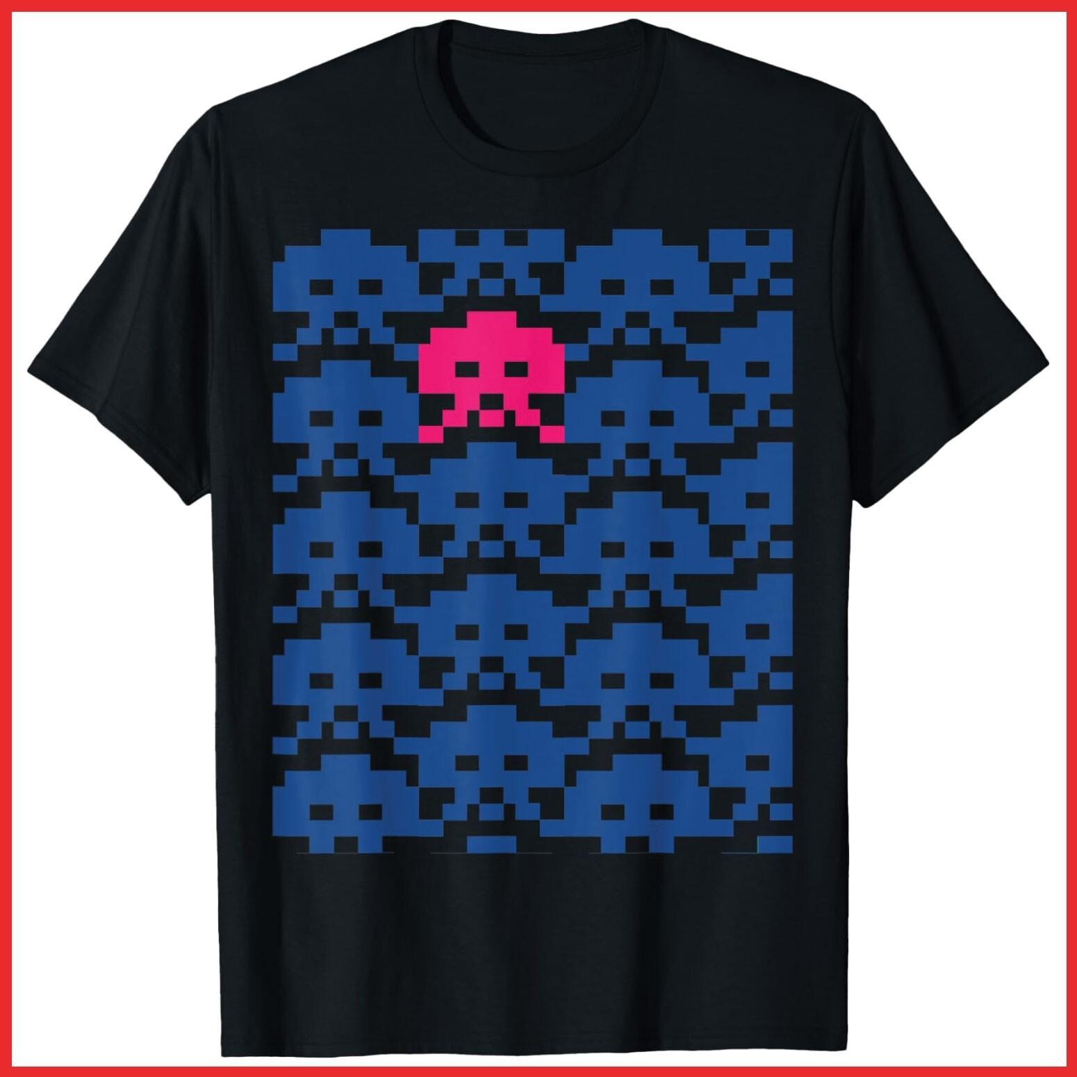 Retro Video Game Space Invaders Pixel Art Black Cotton T-Shirt S-5XL S
