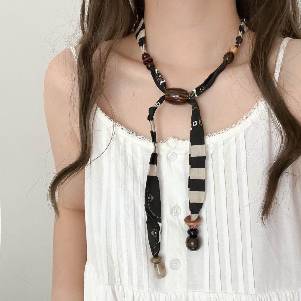 Multicolor Cloth Chain Necklace Strip Bohemian Choker Unique Wood Bead Necklace Male