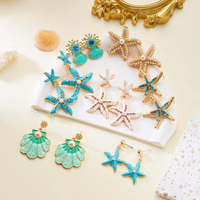 Ocean Series Enamel Starfish Earring for Women Exaggerated Colorful Rhinestone Starfish Earring Summer Holiday Charm Jewelry