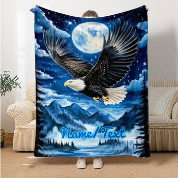 Custom name moon and eagle flannel blanket, suitable for sofa, bed, birthdays, children, friends, gifts