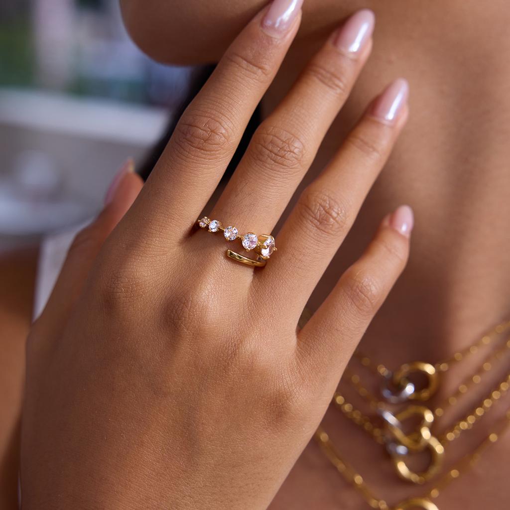  High Quality Cubic Zirconia Finger Ring Adjustable 18K PVD Plated High Quality Charm Stylish Golden Jewelry Gift