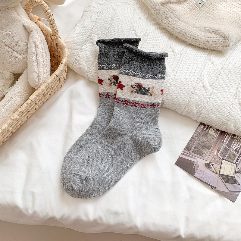 YOUJIAXIU Women's Wool Warmth Fair Isle Mid-Calf Socks - Thickened Plus Velvet, Cute Puppy Design for Autumn/Winter