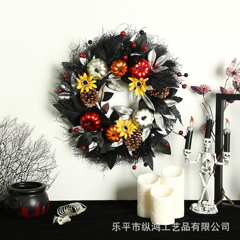 Decoración de Corona de Halloween con Calaveras de Plástico Hojas de Arce Decoración Colgante para Puerta de Fiesta Pared