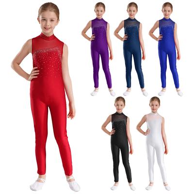 Kinder Mädchen Ärmelloser Strass Turnanzug Rundhals Eiskunstlauf Gymnastik Unitard Kleid