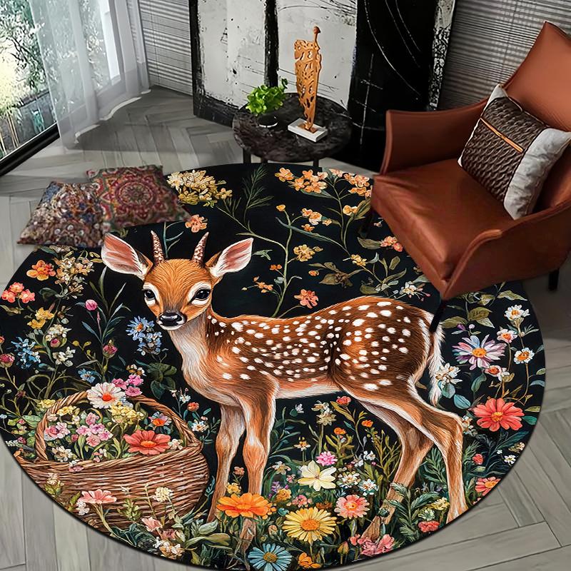Forest Flower Deer Theme Flannel-printed round floor mats are slip-resistant Suitable living room bedroom terrace garden carpets