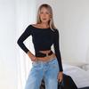 Solid Color One Shoulder Cropped Long Sleeve Hollow Out Metal Button Sexy Casual Women T Shirt