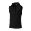 Men Sleeveless Hoodie Button Front Pullover Linen Cotton Blend Casual Vest with Kangaroo Pocket and Adjustable Drawstring Hood