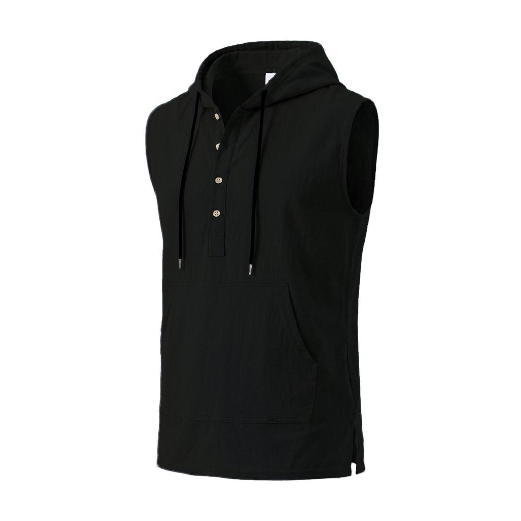 Men Sleeveless Hoodie Button Front Pullover Linen Cotton Blend Casual Vest with Kangaroo Pocket and Adjustable Drawstring Hood