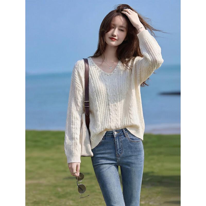Elegant French Style Pearl Knit Sweater One Size