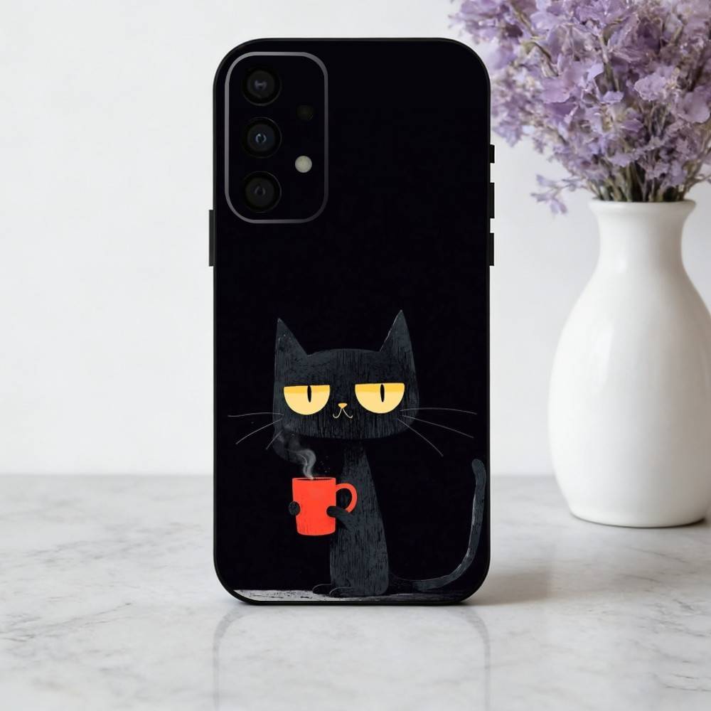 S-Striped C-Coffee Cat phone Case For Samsung Galaxy A73,A72,A71,A70,A53,A52,A51,Others Soft Black Shell