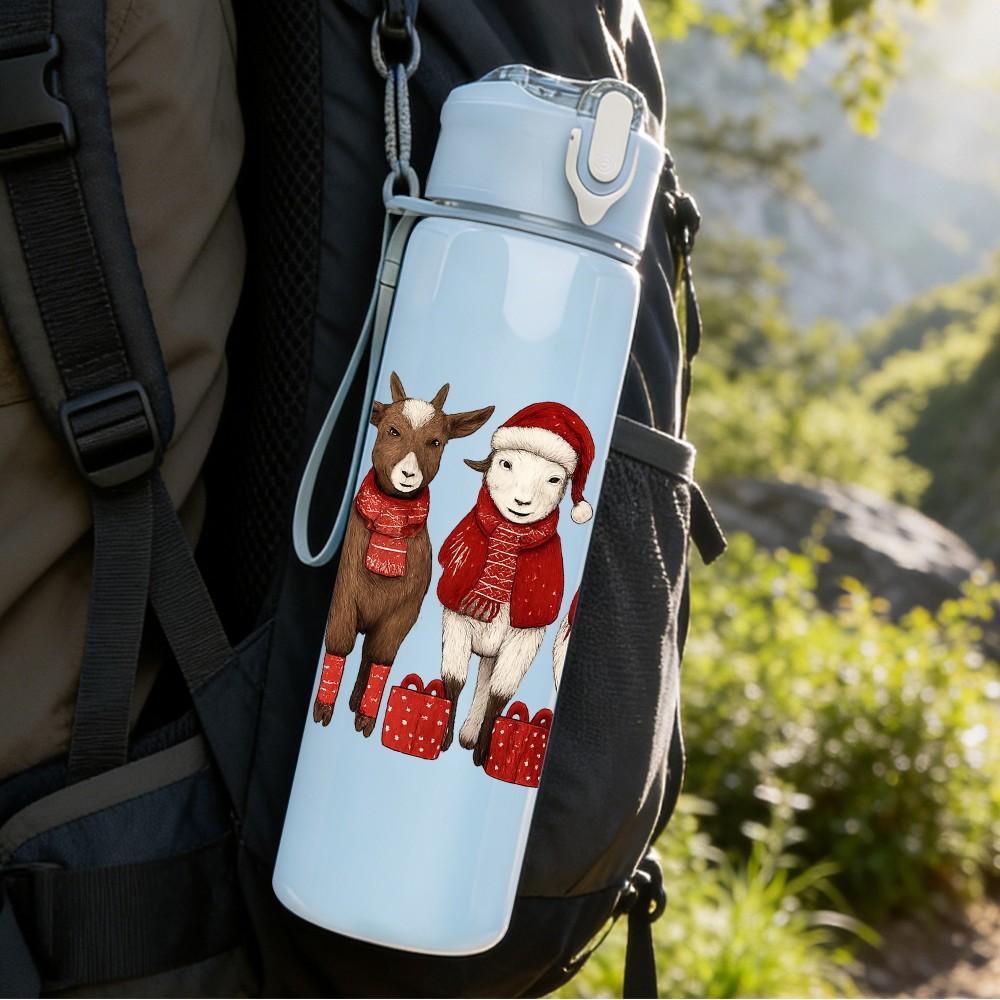 1PC Three Santa Reindeer Cartoon 750ml Color Plastic Sports Water Bottle Leakproof Flip Straw Lid Suitable for Sports Office Home Use