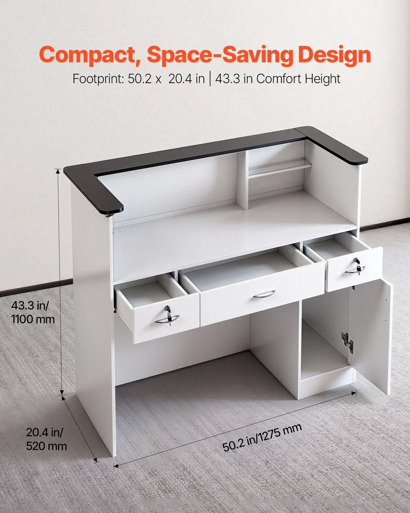Reception Desk, 127.5cm Rectangular Front Counter Table, Modern Office Reception Desk with Light Strip, 3 Drawers & Storage Cabinets, Retail Counter