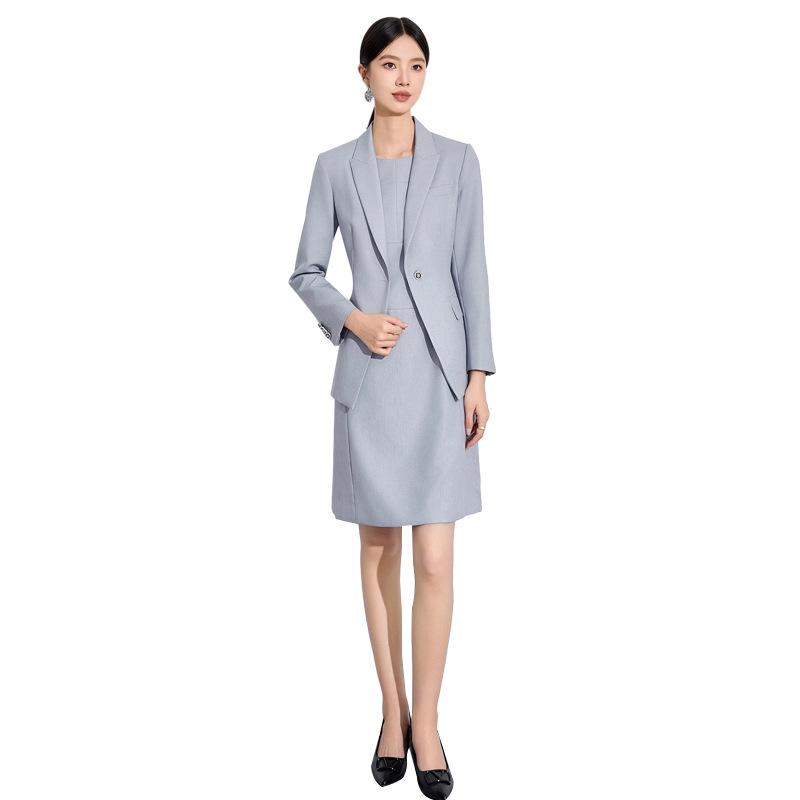 Women's High-End Gray-Blue Slim Fit Professional Suit Set - Includes Dress and Skirt