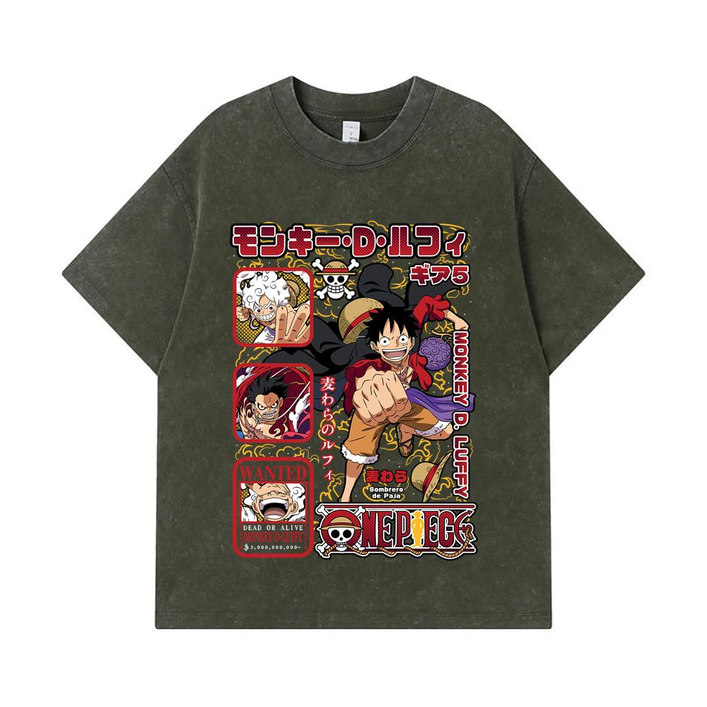 275 GSM Washed T-shirts 100% Cotton One Piece V78 Luffy Print Unisex Heavy Cotton T Shirt