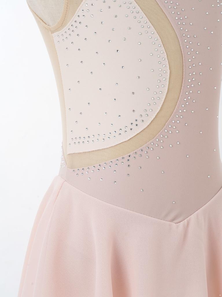 Girls Sleeveless Dance Dress Round Neck Rhinestone Decorated Patchwork Style Performance Costume for Ballet Jazz
