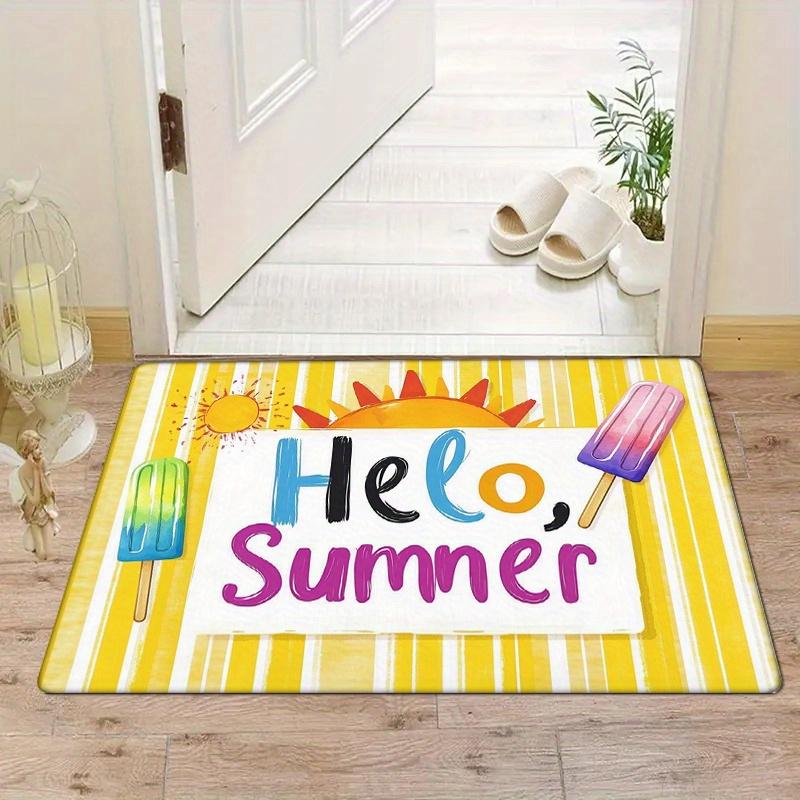 1pc Summer Vibes Non-Slip Kitchen Mat - "Hello Summer" Design with Popsicles & Sunflower, Durable Flannel Sponge Floor Mat, Perf