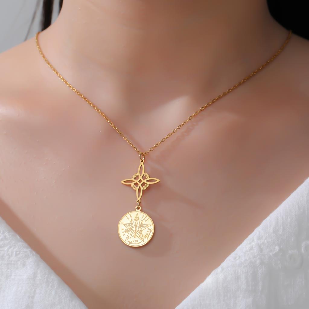 Cazador Witch Knot Tetragrammaton Pentagram Pendant Necklace Stainless Steel Vintage Double Amulet Protection Necklaces Jewelry
