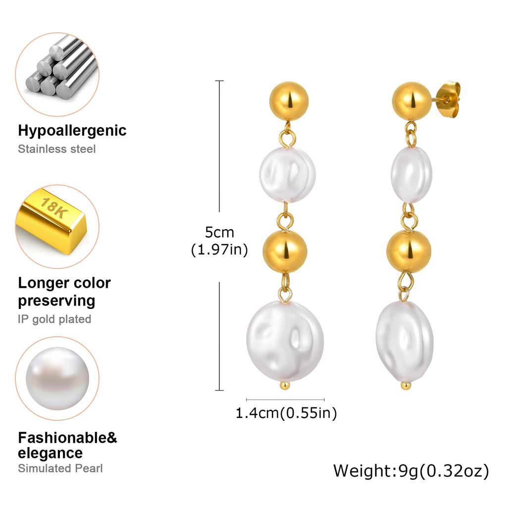 Vintage Irregular Imitation Pearl Earrings for Women, Gold Color Stainless Steel Drop Earrings, Elegant Jewelry Party Gifts