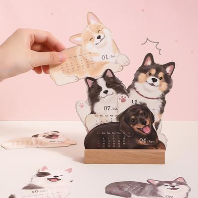 2026 Kleiner Schreibtischkalender mit Holzfuß Niedliche Hunde-Katzen-Muster Monatsplaner