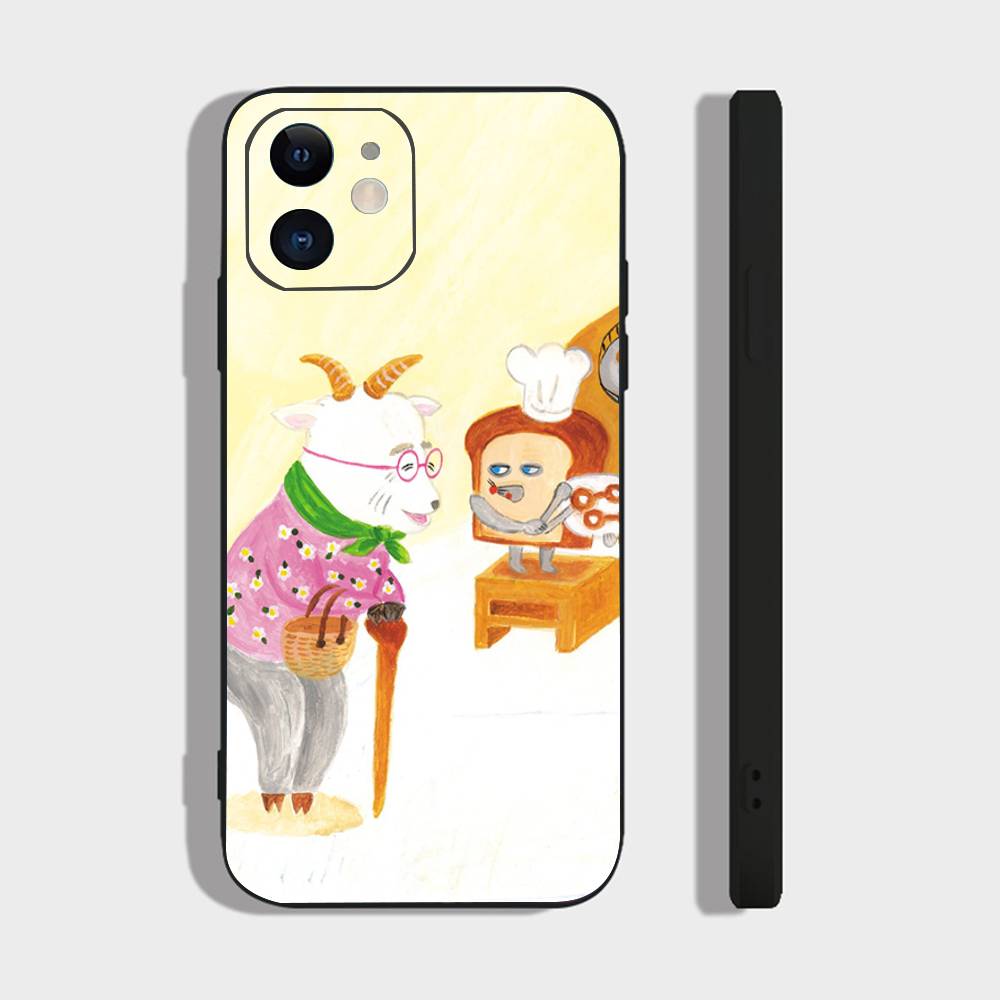 P-Picture Book Bread Phone Case For IPhone 17 Air 16 15 14 13 Pro Max 11 12 Black Silicone Cover