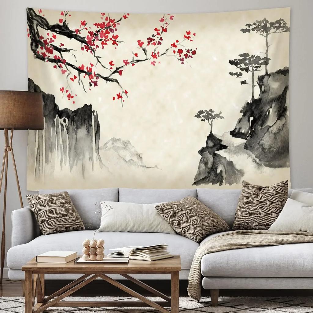 VIKAMA Anime Landscape Tapestry Japanese Mountain Cherry Blossom Tapestry Cherry Blossom Village Art Wall Bedroom Tapestry