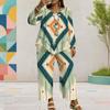 Women Plus Size Round Neck Long Sleeve Printed Layered Top Wide Leg Cropped Pants Two Piece Set