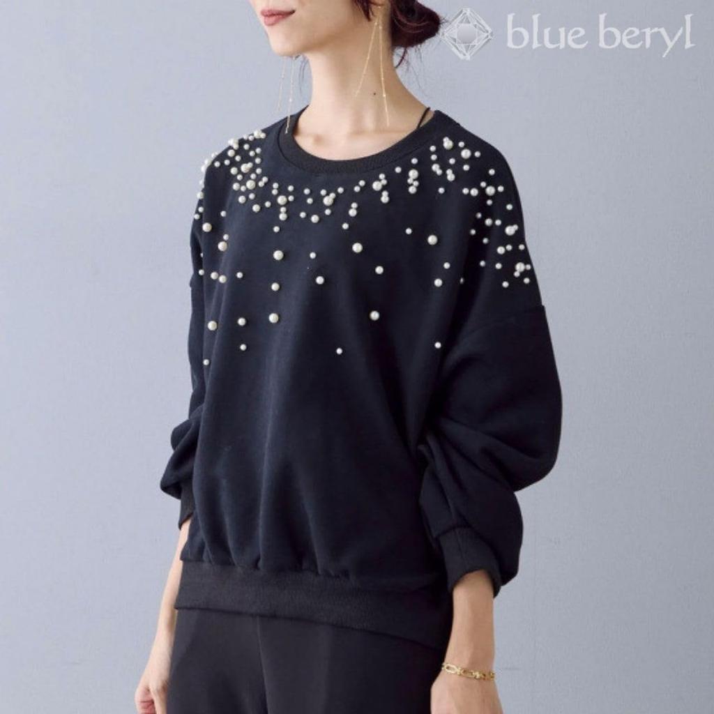Pearl Sweatshirt Volume Round Loose [Blue Beryl] [Limited Stock] [Blue Beryl] Women's Pullover, Sleeves, Neck, Off-the-Shoulder, Fit, Black,