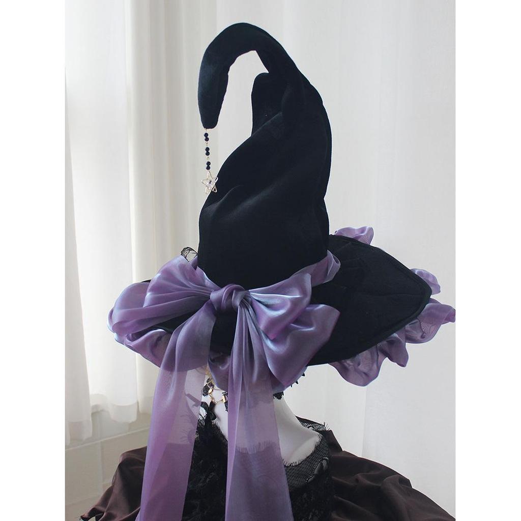 Handmade Dark Goth Lolita Wide-Brim Witch Hat for Halloween