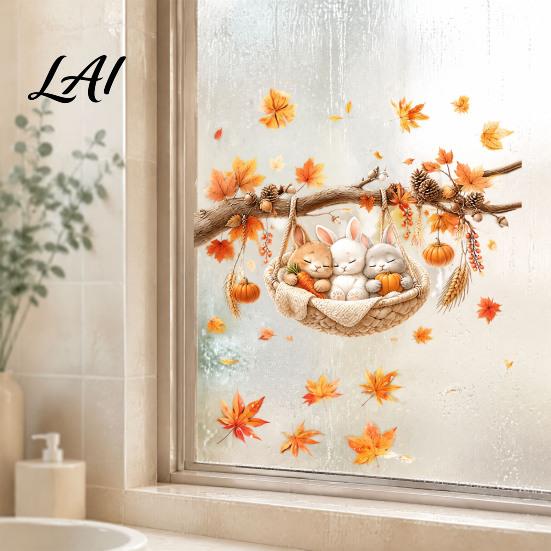 Autumn Window Clings 2Pcs Fall Maple Leaves Animals Static Stickers Squirrel/Hedgehog/Rabbit/Raccoon Glass Home Ornament PVC Waterproof for