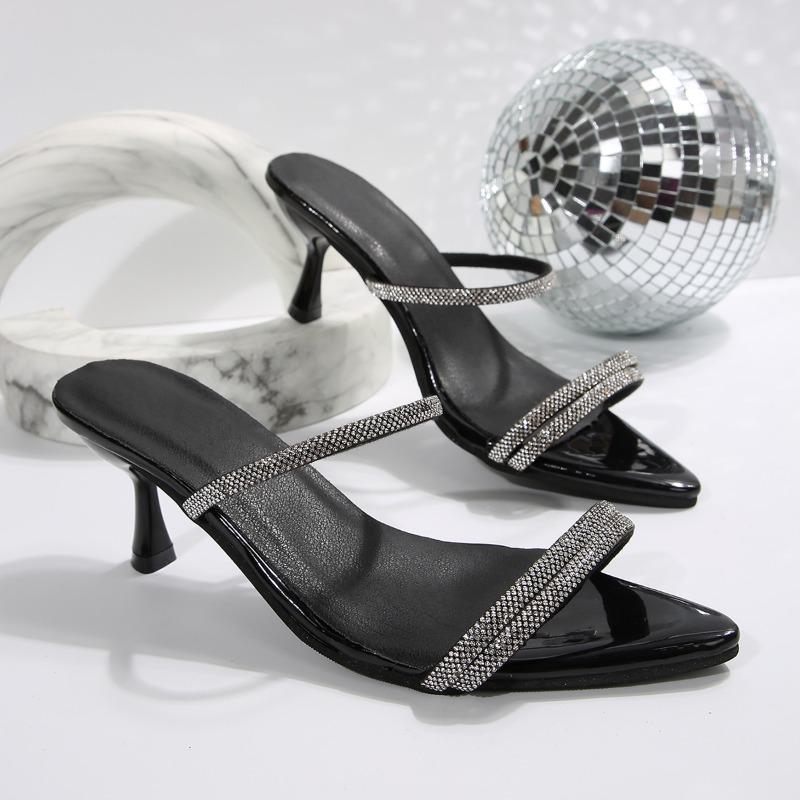 Fashion Rhinestone Slender Strap Stiletto High Heels Women's Summer New Slip Strap Anti-slip Outside Wear Cool Mopping